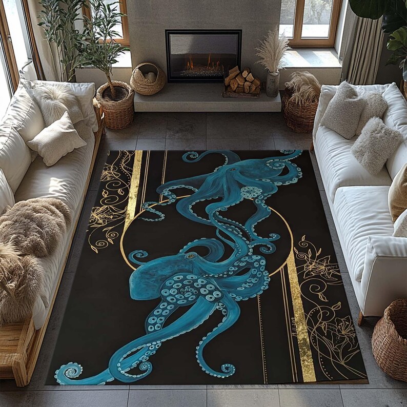 May include: A rectangular area rug featuring a large, stylized blue octopus design on a black background. The octopus is surrounded by a gold circle and vertical gold stripes. Floral gold accents are also present, creating a striking contrast.