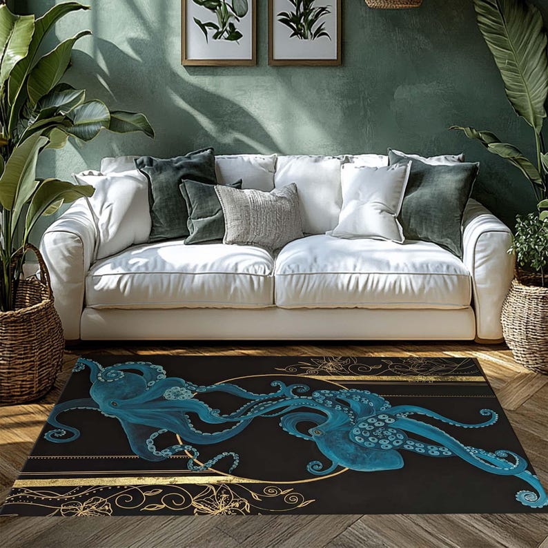 May include: A rectangular area rug featuring a teal octopus design on a black background. The octopus has detailed tentacles and is set against a gold-colored circular and floral border. The rug is placed in front of a white sofa.