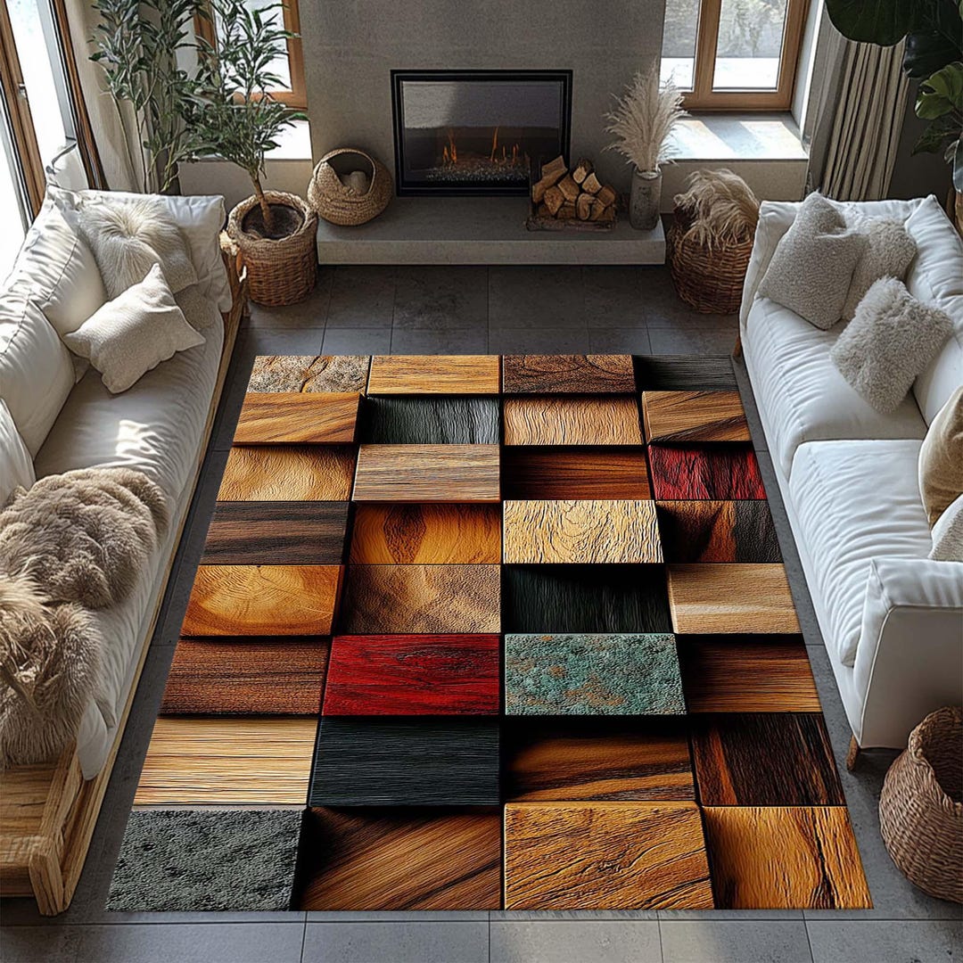 Wood Design Rug Modern Patchwork Rug, Wood Texture Design, Geometric Pattern, Warm ...