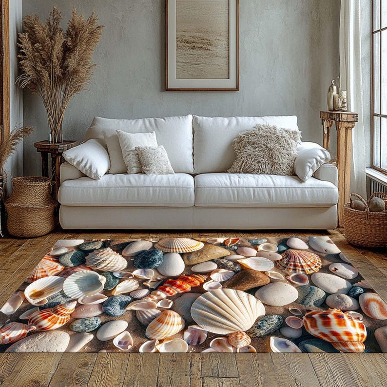 Seashell Oval Rug Sea Shell Area Carpet, Colorful Beach Stones Runner Rug, Coastal ...