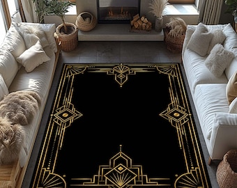 Art Deco Rug, Black Gold Striped Rug, Gold Lined Rug, Geometric Shaped Rug, Modern Decor, Home Decor Rug, Salon Abstract Minimalist Kitchen