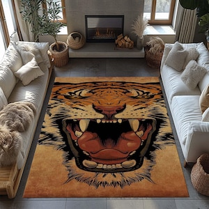 Tiger Rug For Living Room, Bold Animal Print Area Rug, Southwestern Tribal Tiger Carpet, Boho Jungle Theme Floor Decor, Statement Accent Rug