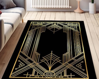 Art Deco Rug, Black Gold Striped Rug, Gold Lined Rug, Geometric Shaped Rug, Modern Decor, Home Decor Rug, Salon Abstract Minimalist Kitchen