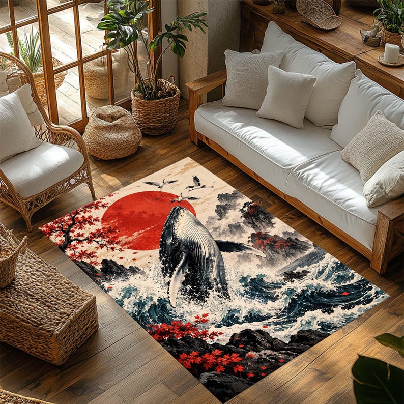 May include: A rectangular area rug featuring a detailed illustration of a whale breaching from ocean waves. The design includes a large red sun, dark rocky cliffs, and vibrant red maple leaves. The scene is rendered in a style reminiscent of traditional Japanese woodblock prints with deep blue, white, and red color tones.