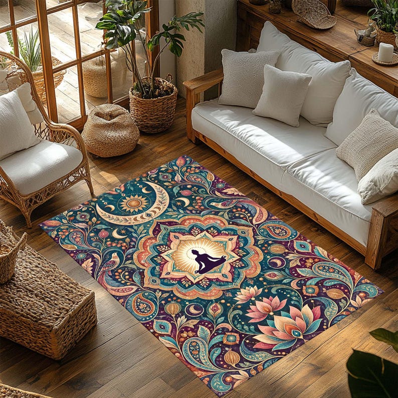 Pode incluir: Um tapete retangular com fundo azul-petr&oacute;leo escuro, apresentando um design de mandala central, uma silhueta em posi&ccedil;&atilde;o de medita&ccedil;&atilde;o, uma lua crescente, motivos solares, flores de l&oacute;tus e padr&otilde;es paisley complexos em tons de rosa e dourado.