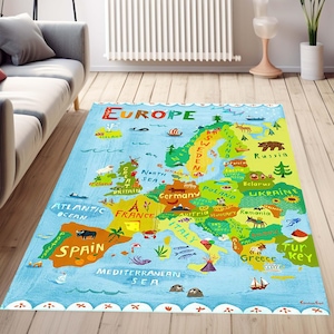 Europa Karte mit Tieren Teppiche, Kinder Teppich, Kinder Teppich, Kinderzimmer Teppich, Indoor Teppich, Cooler Teppich,