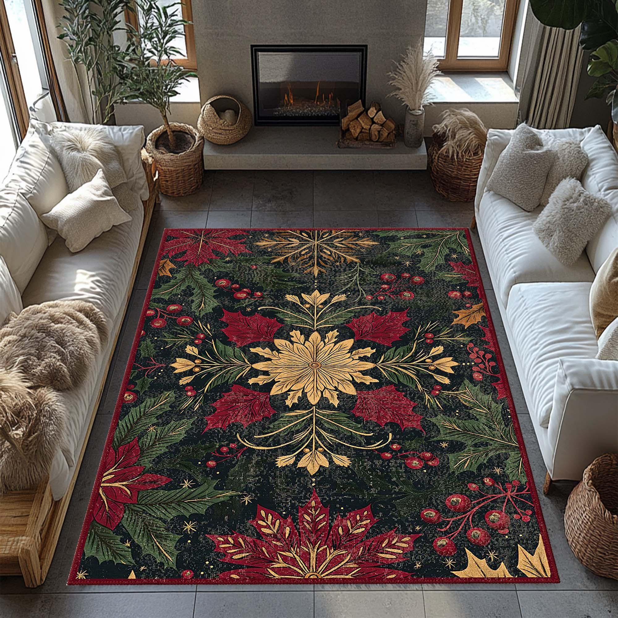 Vintage Christmas Rug, Floral Holiday Design, Red and Gold - Etsy
