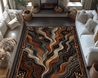May include: A rectangular area rug featuring a black background with flowing, wavy lines in shades of burnt orange, cream, and dark gray. The design includes circular motifs and a decorative border with leaf patterns and geometric shapes.