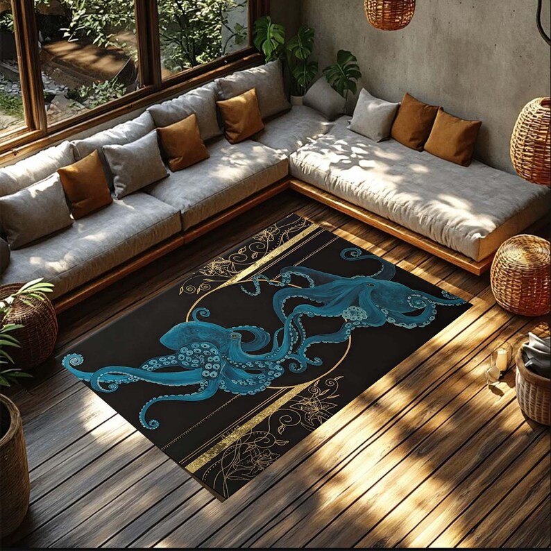 May include: A black rectangular area rug featuring two stylized blue octopuses with swirling tentacles. The rug has gold accents and is placed on a wooden floor, with a seating area in the background.