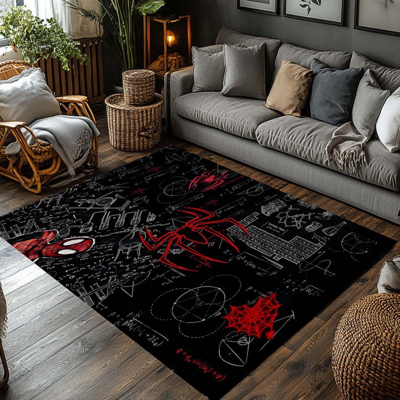 May include: Black rectangular area rug featuring a red spider and spider web design. White mathematical equations and a keyboard graphic are also present. The rug is placed in a living room setting with a gray sofa and wooden furniture.