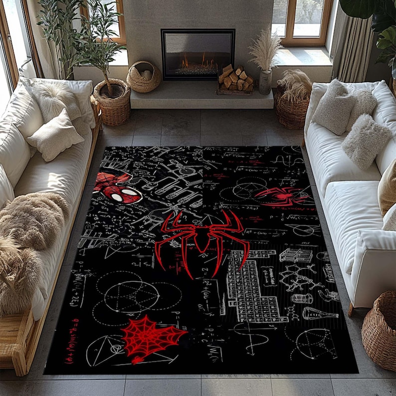May include: Black rectangular area rug featuring a red spider emblem and spider web designs. The rug has a pattern of white scientific formulas and diagrams. The rug is in a living room setting with white sofas and a fireplace.