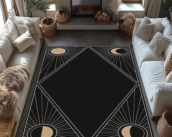 Moon Rug, Black Gold Striped Rug, Gold Lined Rug, Geometric Shaped Rug, Modern Decor, Home Decor Rug, Salon Abstract Minimalist Kitchen