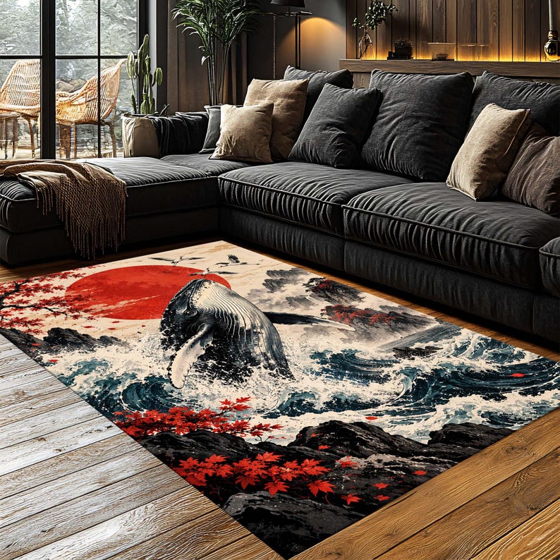 May include: A rectangular area rug featuring a graphic print of a whale breaching from ocean waves. The design includes a large red sun, dark rocky cliffs, and vibrant red maple leaves against a cream background, laid on a wooden floor.
