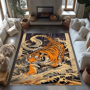 Tiger Rug, Animal Rug, Bengal Tiger, Decorative Rug, Bold Decor, Maximalist Decor, Colorful Washable Rug Flamboyant Home Decor, Living Room,