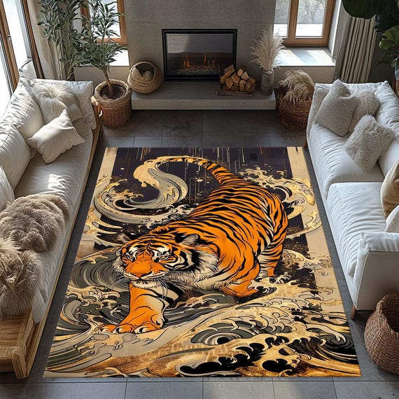 Tiger Rug, Animal Rug, Bengal Tiger, Decorative Rug, Bold Decor, Maximalist Decor, Colorful Washable Rug Flamboyant Home Decor, Living Room,