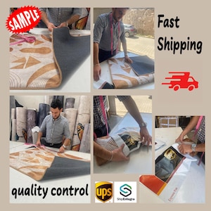 May include: A collage of images showing the creation and packaging of a rug. The rug has a beige background with brown geometric shapes. The text "SAMPLE" is in a red circle. The text "Fast Shipping" and "quality control" are also visible.