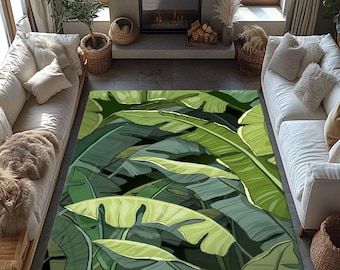 May include: A green and white area rug with a tropical leaf design. The rug features large, stylized leaves in shades of green and white, creating a lush and vibrant pattern.