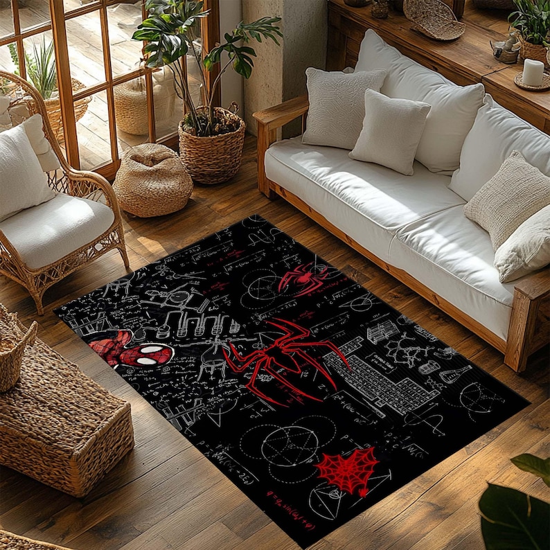 May include: Black rectangular area rug featuring a red spider and spider web design. The rug has a white mathematical formula pattern. The rug is placed on a wooden floor in a living room setting.