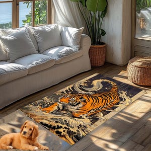 Tiger Rug, Decorative Rug For Bold Decor, Maximalist Home Decor, Colorful Washable Rug For Flamboyant Home Decor, Living Room, Fierce Decor