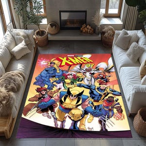 May include: A colorful rug featuring the X-Men characters from Marvel Comics. The rug has a comic book style design with a bright yellow, red, blue, and green color scheme. The text "MARVEL STUDIOS X-MEN 97" is printed on the rug.