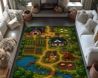 Farm Rug, Kids Room Rug, Farm Roads and Fields Vegetable Themed Nonslip Area Rug, Kids Room Decor, Gift Rug, Gift Children, Christmas Gift