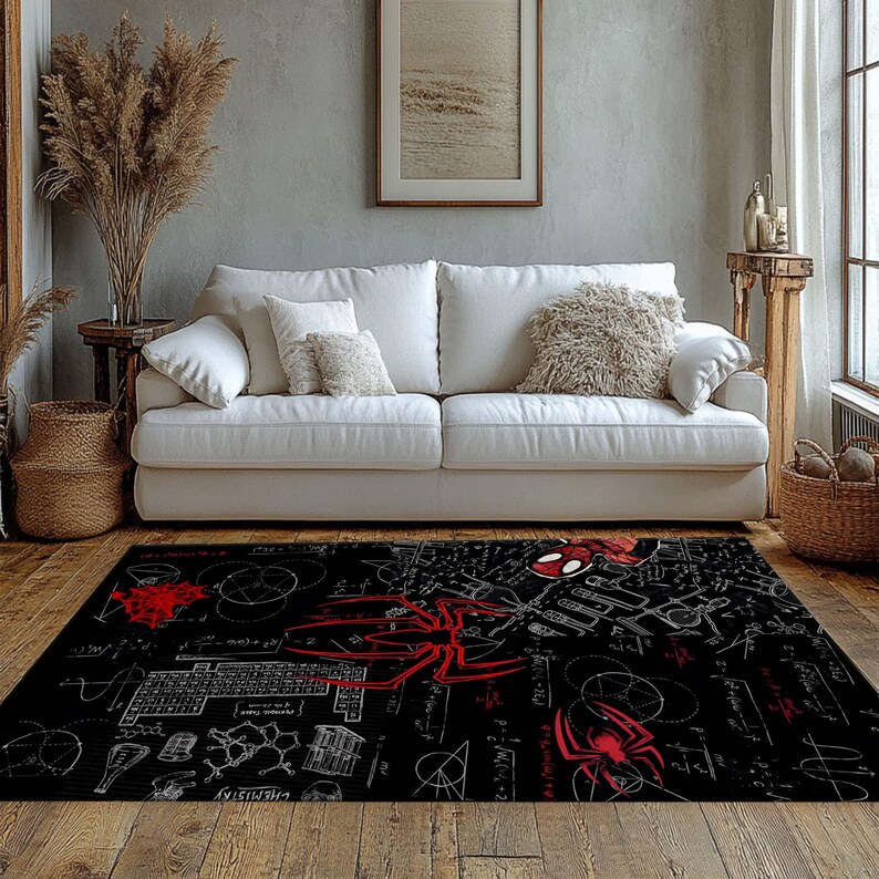 May include: Black rectangular area rug featuring a red and white spider design with scientific diagrams and equations. The rug has a black background with white and red accents, suitable for a living room.