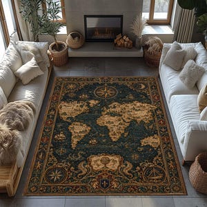 Op de afbeelding: Een rechthoekig vloerkleed met een wereldkaart in vintage-stijl in tinten diepblauw, goud en crème. De kaart bevat illustraties van schepen, zeedieren en kompasrozen, omringd door een sierlijk, decoratief randpatroon.