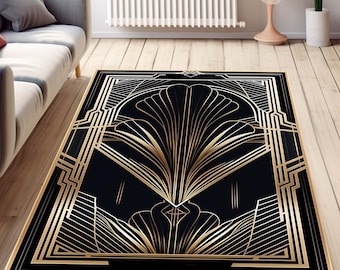 Art Deco Rug, Black Gold Striped Rug, Gold Lined Rug, Geometric Shaped Rug, Modern Decor, Home Decor Rug, Salon Abstract Minimalist Kitchen