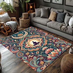 Pode incluir: Um tapete retangular com a silhueta central de uma pessoa em posi&ccedil;&atilde;o de medita&ccedil;&atilde;o sentada, rodeada por uma mandala brilhante. O design inclui padr&otilde;es florais intrincados, motivos paisley e luas crescentes em tons de azul, roxo, laranja e rosa.