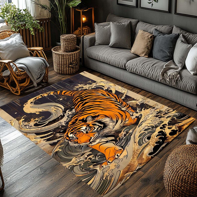 Tiger Rug, Decorative Rug For Bold Decor, Maximalist Home Decor, Colorful Washable Rug For Flamboyant Home Decor, Living Room, Fierce Decor