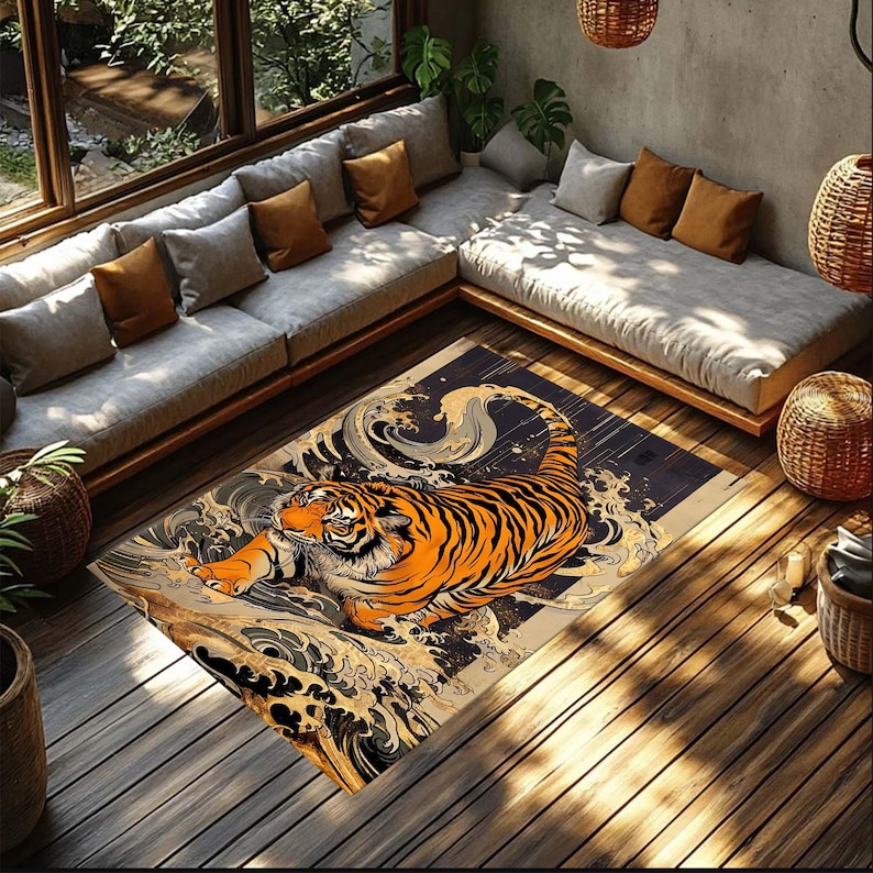 Tiger Rug, Decorative Rug For Bold Decor, Maximalist Home Decor, Colorful Washable Rug For Flamboyant Home Decor, Living Room, Fierce Decor