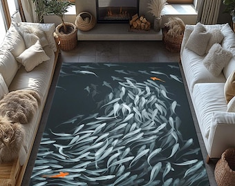 Fish Pattern Rug, Ocean-Themed Carpet, Coastal Decorative Rug, NauticalRug, Marine Style Rug, Living Room Rug, Kodama Koi Rug, Japanese Fish