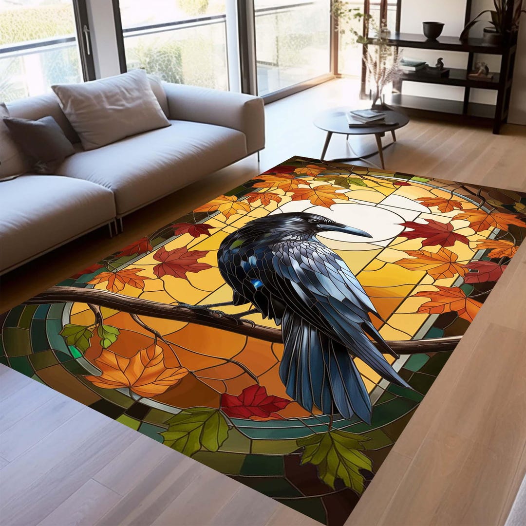 Stained Glass Rug Design Stained Glass Raven Rug, Autumn Leaves, Nature Decor - Etsy