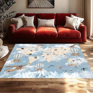 Weltkarte Teppich, Spielteppich, Spielteppich, Kinderteppich, Gemusterter Teppich, Kinderteppich, Spielzimmer Teppich, Gemustert, Weltkarte Dekor