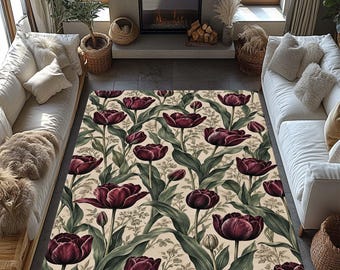 May include: A rectangular area rug featuring a repeating botanical pattern of deep burgundy tulips with long, dark green stems and leaves set against a light cream background. The floral design covers the entire surface of the floor covering.