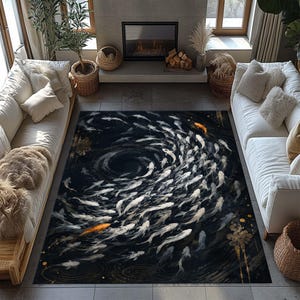 May include: A rectangular area rug featuring a dark black background with a swirling pattern of numerous white koi fish and two prominent orange koi fish. The design includes subtle gold accents and circular ripples, creating a dynamic movement effect across the surface of the floor covering.