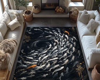 May include: A rectangular area rug featuring a dark black background with a swirling pattern of numerous white koi fish and two prominent orange koi fish. The design includes subtle gold accents and circular ripples, creating a dynamic movement effect across the surface of the floor covering.