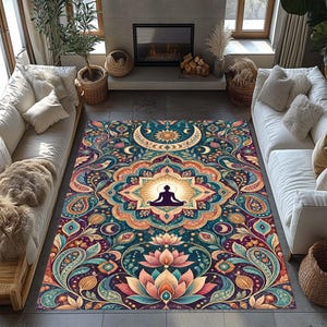 Pode incluir: Um tapete retangular com a silhueta central de uma pessoa em posi&ccedil;&atilde;o de medita&ccedil;&atilde;o rodeada por uma mandala brilhante. O design inclui padr&otilde;es florais intrincados, flores de l&oacute;tus e motivos lunares em tons de azul-petr&oacute;leo, laranja e roxo.