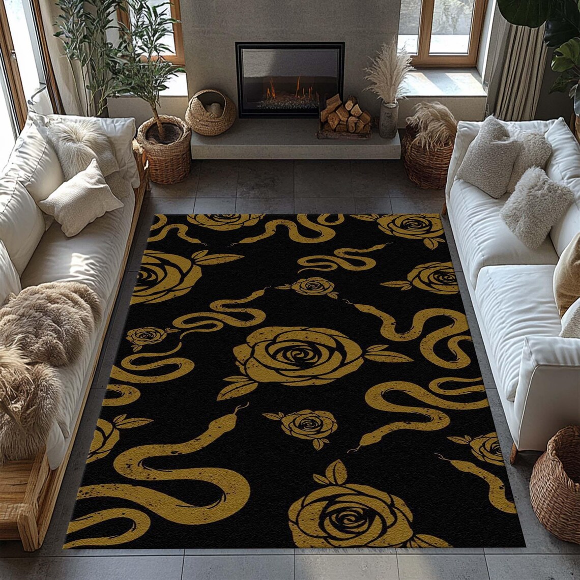 Snake Rug, Rose Rug, Snake and Rose Rug. Rose Gothıc Rug, Vintage Rug ...