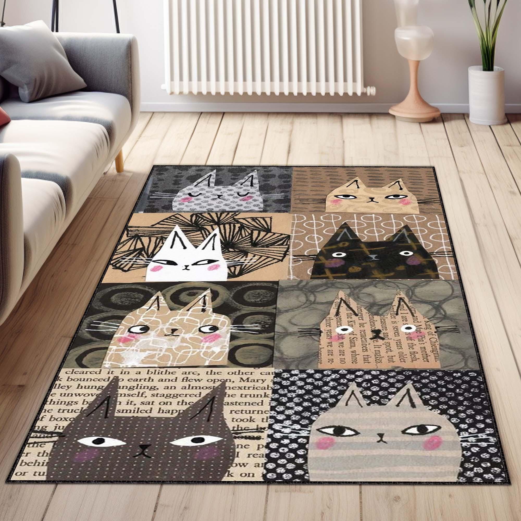 Animal Rug, Cat Rug, Machine Washable Rug, Ethnic Nordic Print Carpet, Geometric Multi Purpose Boho NonSlip Rug, Rug Design, Artistic Rug