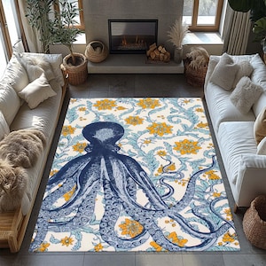 Octopus Rug for Living Room Bedroom Beach House Decor Carpet Housewarming Gift, Nautical Sea Creature Rug, Deep Ocean Rug, Mystical Octopus,