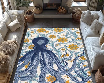 Octopus Rug for Living Room Bedroom Beach House Decor Carpet Housewarming Gift, Nautical Sea Creature Rug, Deep Ocean Rug, Mystical Octopus,