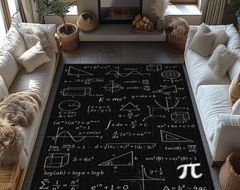 May include: A rectangular area rug featuring a black background with a white grid pattern and various mathematical formulas, geometric shapes, and equations including E=mc2, the Pythagorean theorem, and the pi symbol printed across the surface.