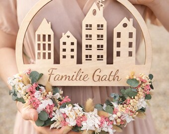 Spersonalizowany wianek na drzwi z suszonymi kwiatami, drewniany wieniec, nazwisko, prezent, ślub, parapetówka, wystrój boho