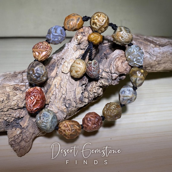 Alxa Gobi Desert Agate Bracelet – Handmade Mongolian Stone Beaded Bracelet, Natural Vein Agate Jewelry
