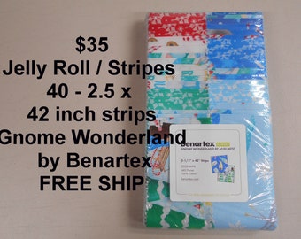 Gnome Wonderland Christmas Strips Jelly Roll  2.5" x 42"- 40 strips  -FREE Ship-   100% Cotton NEW Benartex Fabric