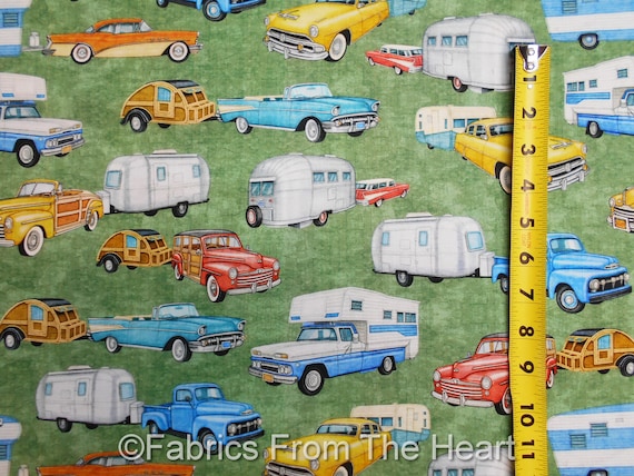 Backcountry Campers Travel Trailers W Trucks on Green BY YARDS QT Cotton Fabric
