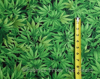 Marijuana Cannabis Weed Herb Pot Leaf Leaves on Black  Yard , 1/2 yd, Fat Quarter TT Cotton Fabric