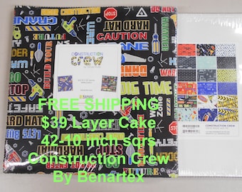 Construction Crew 10"x 10" -42 Squares per Layer Cake FREE shipping-   100% Cotton NEW Benartex Tools, Bulldozer, Trucks