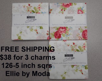 Ellie Floral THREE 5" Charm Packs 126 squares Total -FREE shipping-   100% Cotton NEW By Moda by Brenda Riddle Design